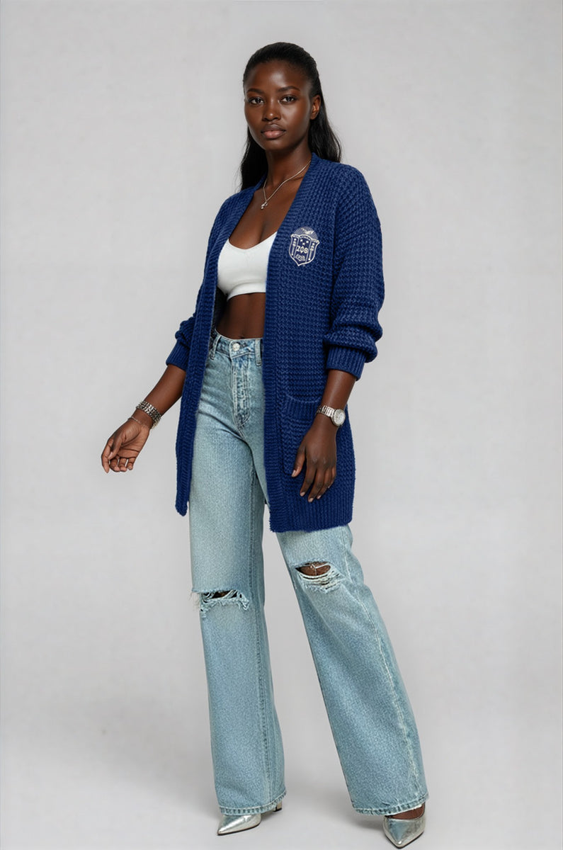 Mallorie Zeta Phi Beta 1920 Royal Blue Cardigan with Shield Patch