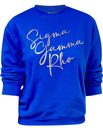 Sigma Gama Rho Royal Sweatshirt with metallic gold Sorority name